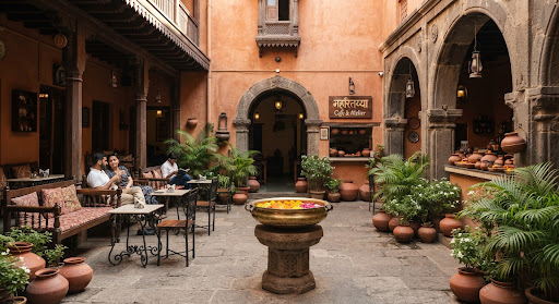 An atmospheric sun-drenched Indian heritage courtyard cafe with antique basalt stone archways, clay pots, brass urli water vessels filled with marigolds, wooden bench seating, and warm terracotta plaster walls in Pune.