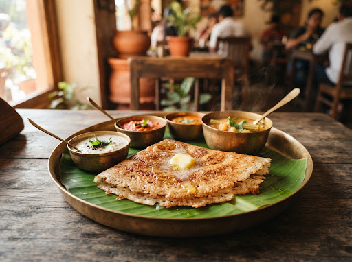 Crisp Davanagere Benne Dosa on a traditional brass plate