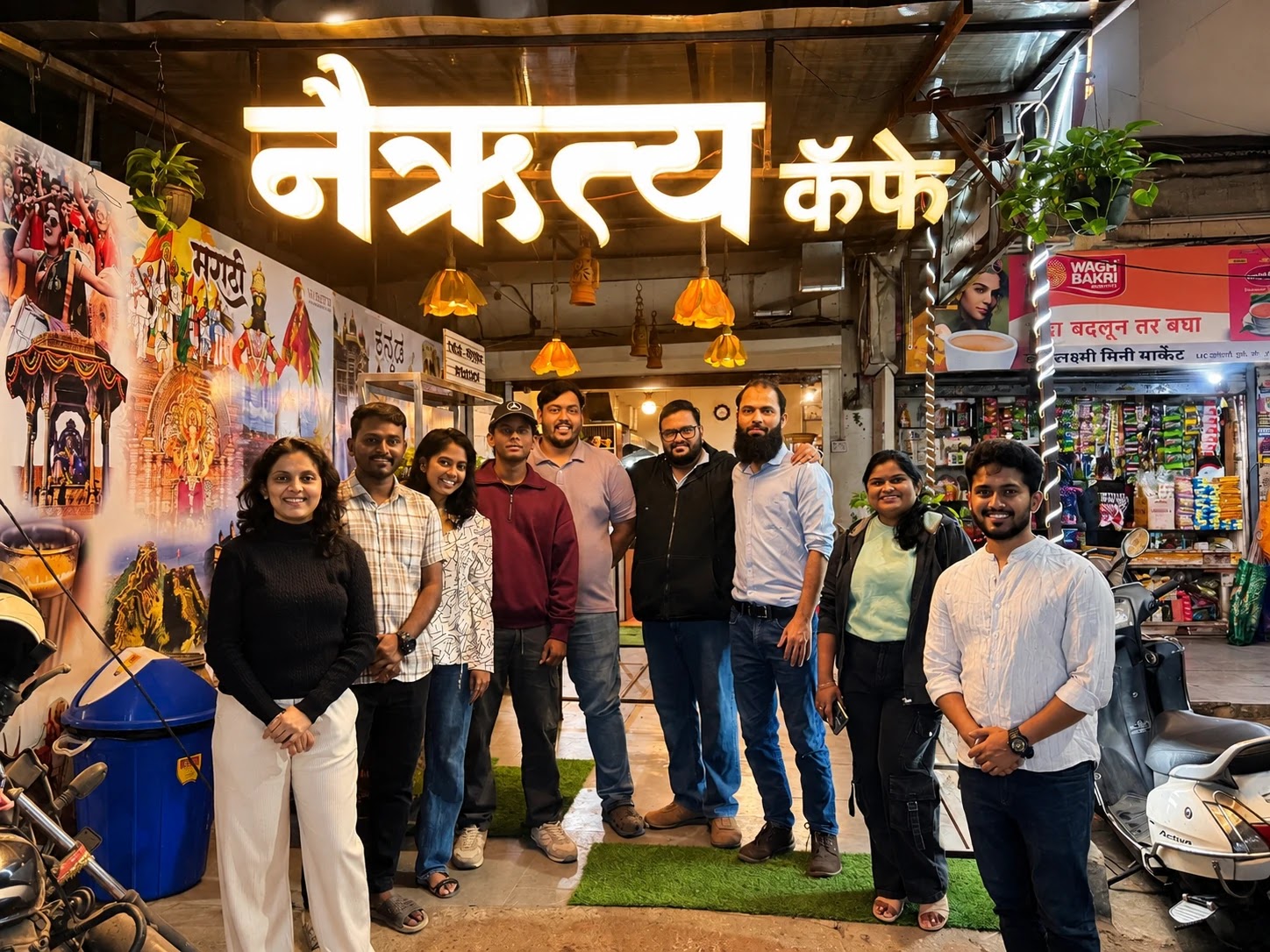 The team, mentors, and founders gathered together under the illuminated Nairutya sign